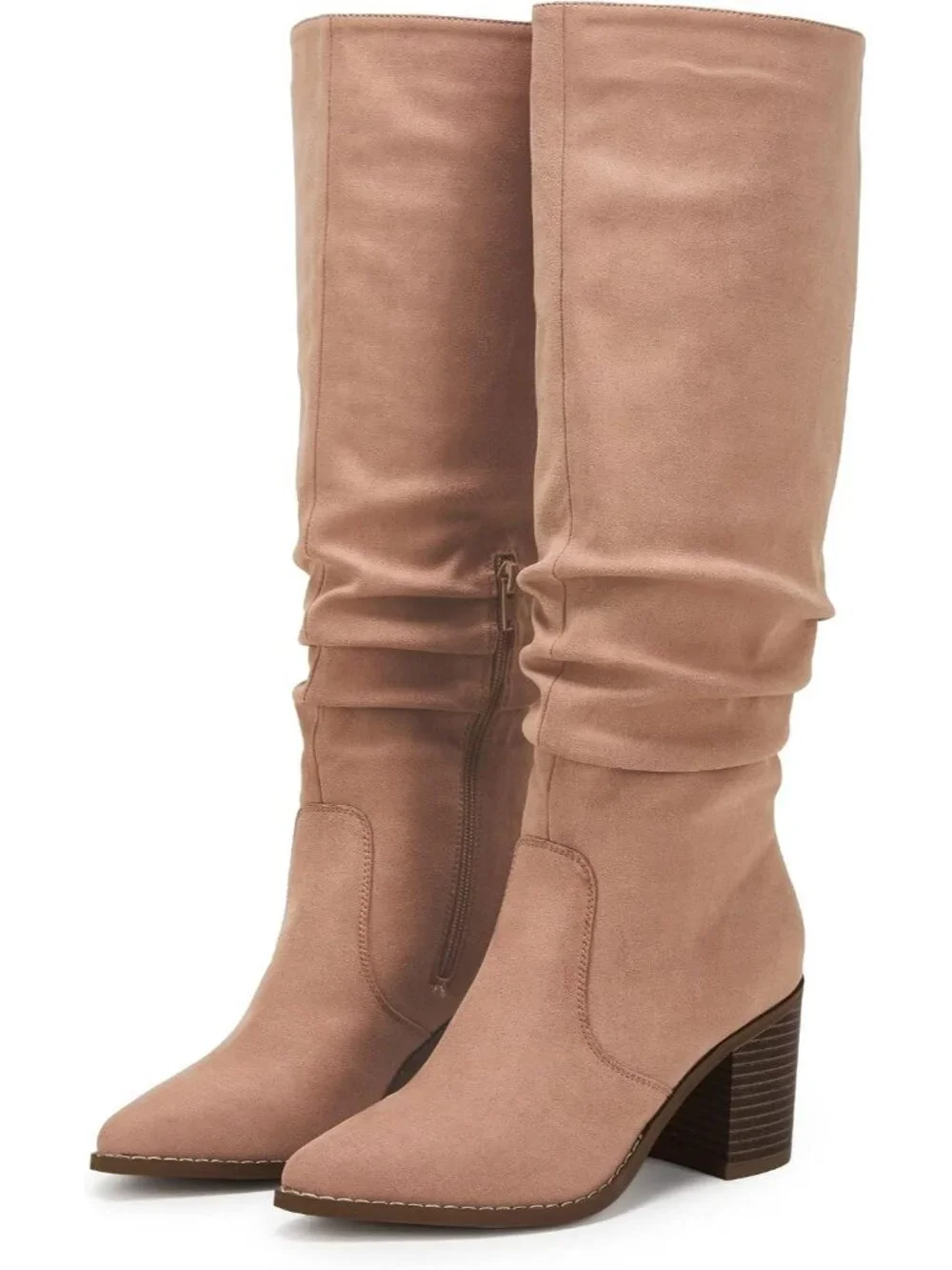Women's Khaki Pointed Toe Mid Chunky Heel Side Zipper Over The Knee Boots
